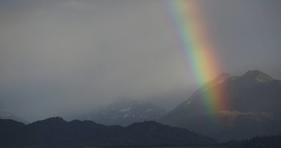 A rainbow shines over Kachemak Bay on Saturday, Aug. 20, 2022, in Homer, Alaska. (Photo by Michael Armstrong/Homer News)