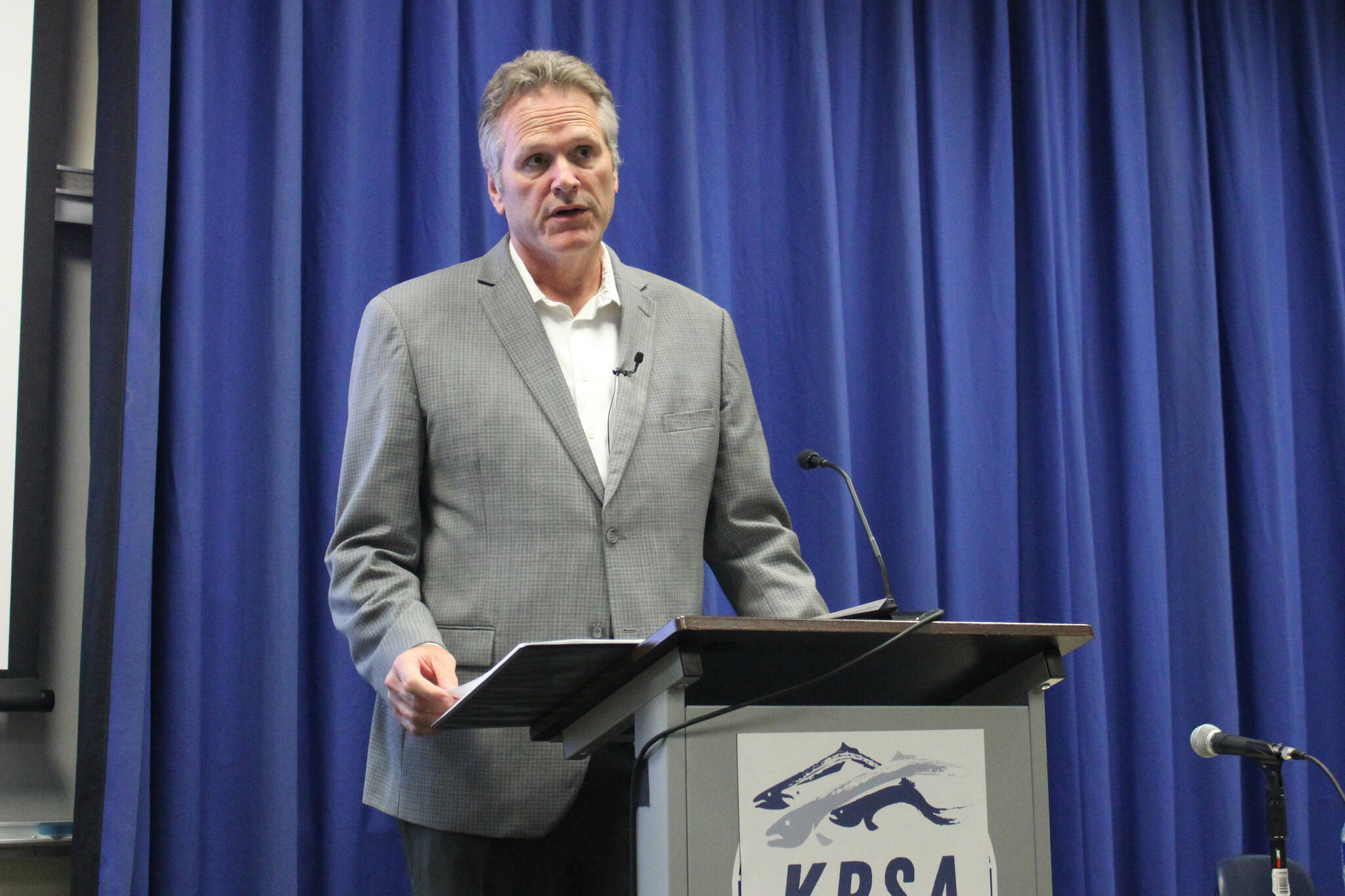 Gov. Mike Dunleavy speaks at the Kenai Classic Roundtable at Kenai Peninsula College on Wednesday, Aug. 17, 2022 near Soldotna, Alaska. (Ashlyn O’Hara/Peninsula Clarion)