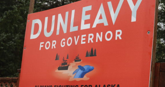 A campaign sign promoting Gov. Mike Dunleavy’s reelection campaign stands in Juneau. Two nonprofits on Tuesday filed a complaint with Alaska Public Offices Commission against Dunleavy and others connected to his campaign. The complaint alleges a series of “egregious campaign finance violations.” (Jonson Kuhn / Juneau Empire Photo)