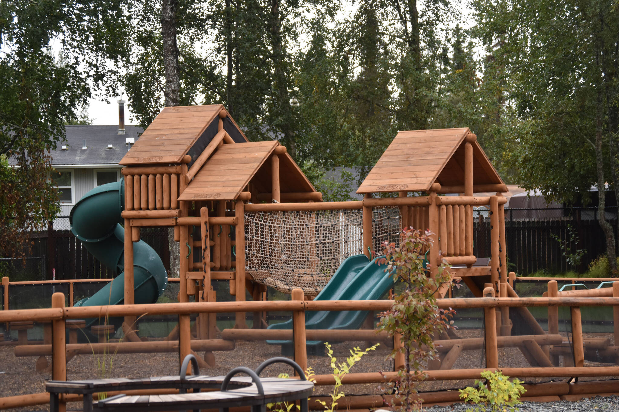 The playground at Kahtnuht’ana Duhdeldiht Campus features a variety of structures and areas for different students and age groups on Thursday, Sept. 1, 2022, in Kenai, Alaska. (Jake Dye/Peninsula Clarion)