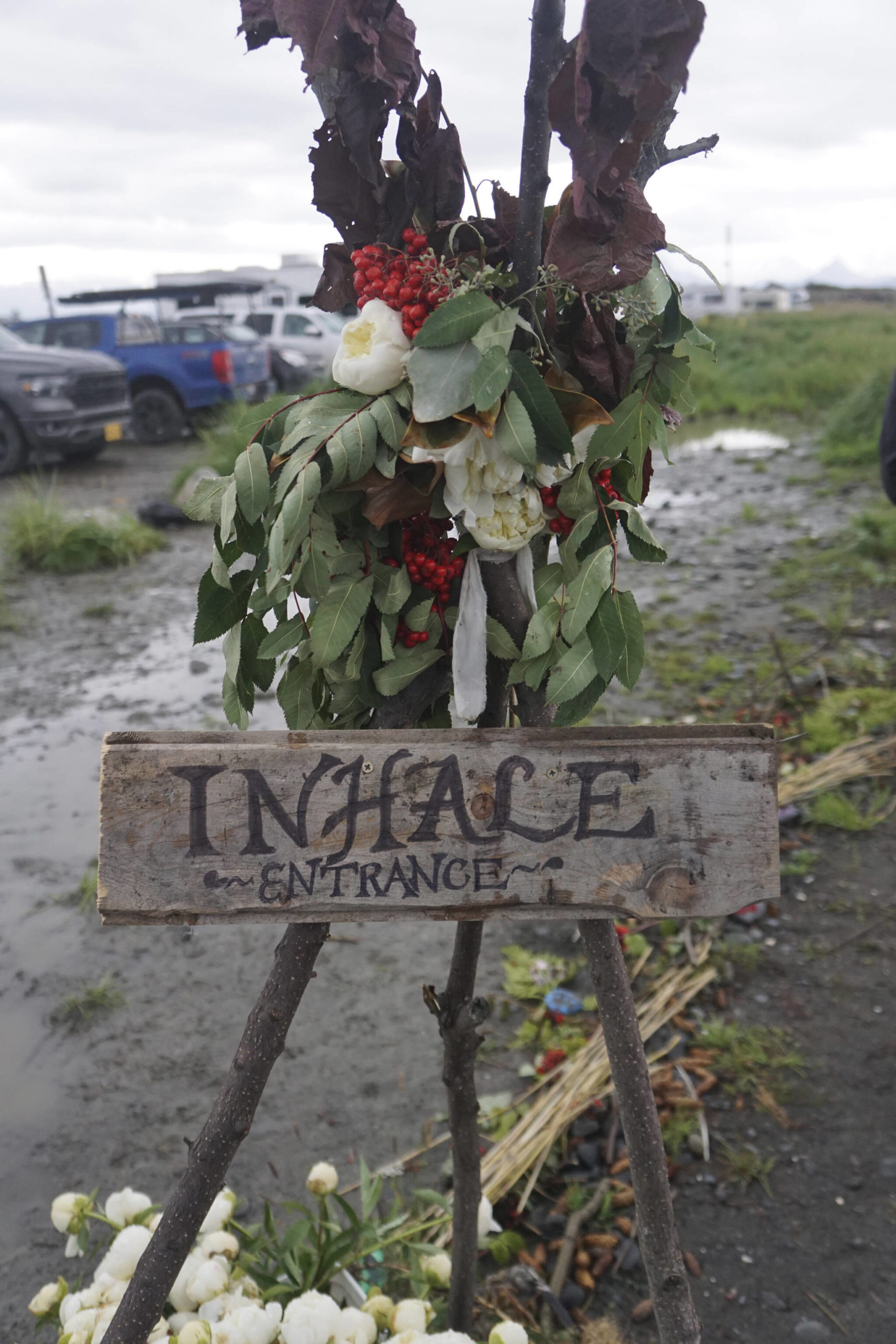 A sign marks the entrance to the labyrinth at the 19th annual Burning Basket, “Breathe,” on Sunday, Sept. 11, 2022, at Mariner Park on the Homer Spit in Homer, Alaska. (Photo by Michael Armstrong/Homer News)