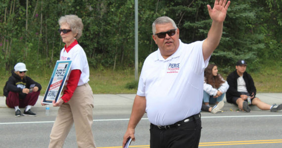 Kenai Peninsula Borough Mayor Charlie Pierce campaigns for governor as he walks in the 65th annual Soldotna Progress Days Parade on Saturday, July 23, 2022 in Soldotna, Alaska. Pierce resigned as borough mayor effective Sept. 30, 2022, to focus on his gubernatorial campaign. (Ashlyn O’Hara/Peninsula Clarion)