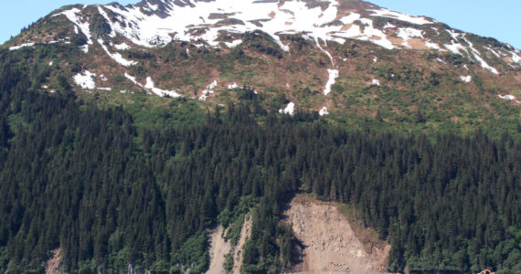 Landslide debris surrounds part of Lowell Point Road on Friday, June 3, 2022, in Seward, Alaska. (Ashlyn O’Hara/Peninsula Clarion)
