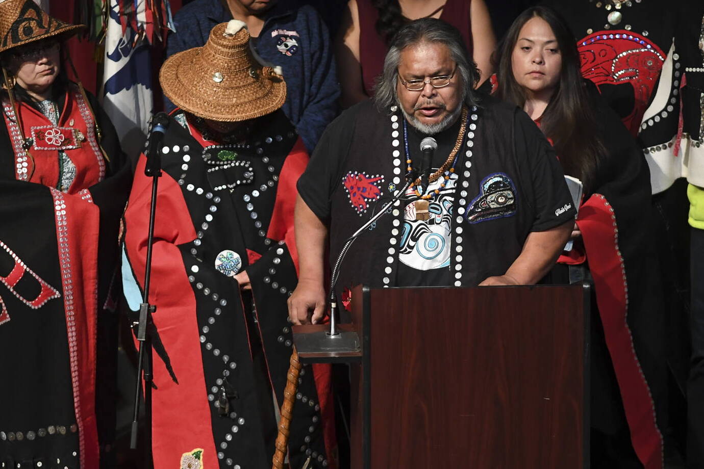 Joel Jackson, president of the Organized Village of Kake and a featured presenter at the Government-to-Government Violence Against Women Tribal Consultation in Anchorage on Wednesday, speaks during a memorial service at Juneau-Douglas High School: Yadaa.at Kalé on Friday, June 7, 2019. (Michael Penn / Juneau Empire File)
