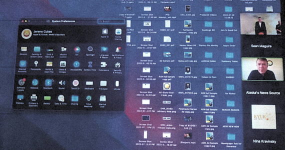 An image purportedly from the computer screen of a digital media specialist for Gov. Mike Dunleavy shows numerous files and folders of campaign advertising. A complaint filed against the governor, plus other individuals and organizations, claims administrative staff is illegally doing paid campaign work on behalf of the governor. (Screenshot from complaint filed with the Alaska Public Offices Commission)