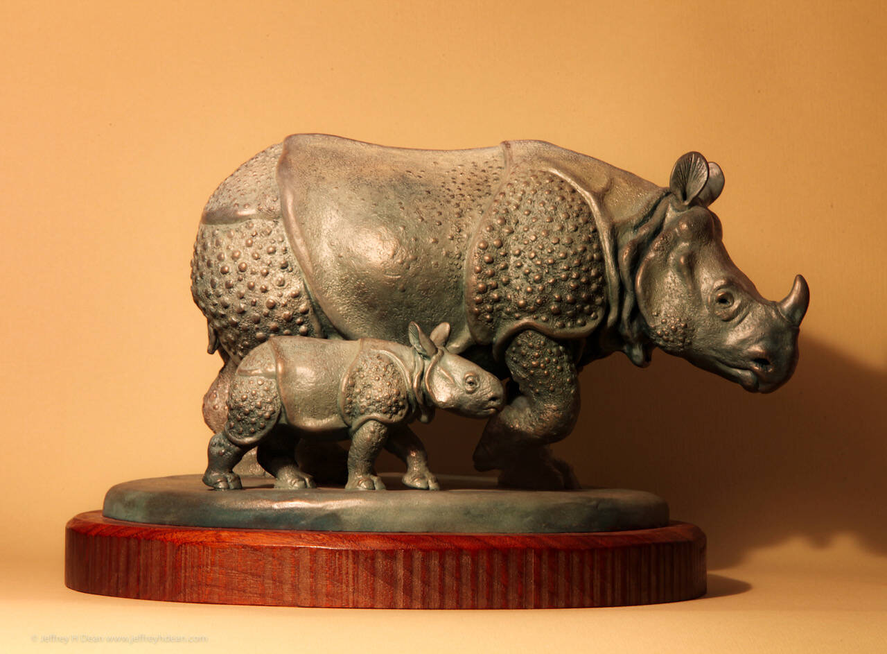 Mother and Baby Indian Rino bronze sculpture by Ranja Dean on display at Creative Fire Studios_Dean Gallery