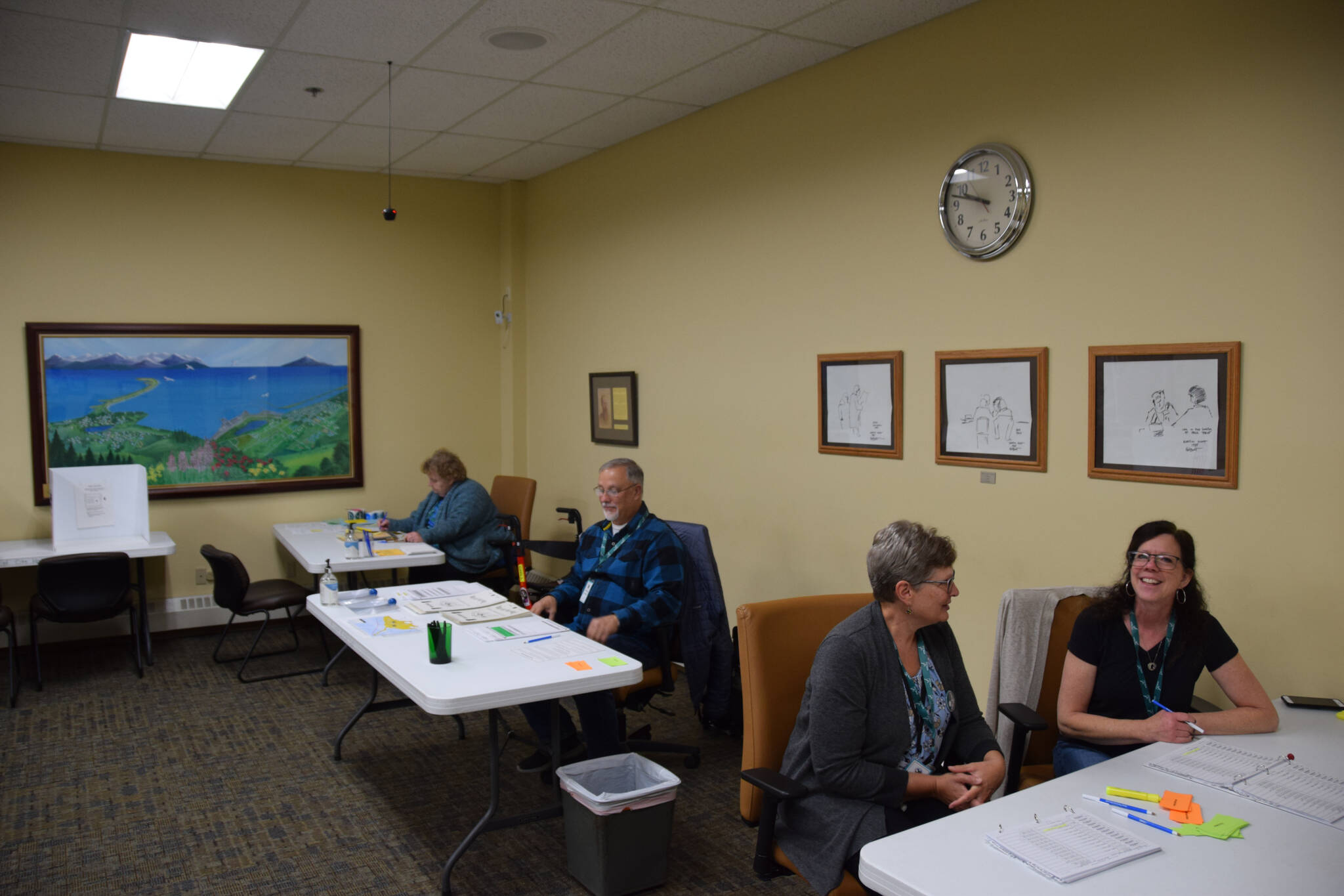 Voter registrars at the Kenai Peninsula Borough and City of Homer elections at Cowles Council Chambers on Tuesday, Oct. 4, 2022 in Homer, Alaska. (Photo by Charlie Menke/ Homer News)