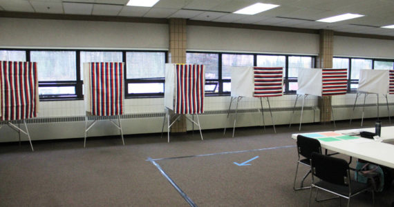 Voting booths are set up at the Soldotna Regional Sports Complex on Tuesday, Oct. 4, 2022, in Soldotna, Alaska. (Ashlyn O’Hara/Peninsula Clarion)