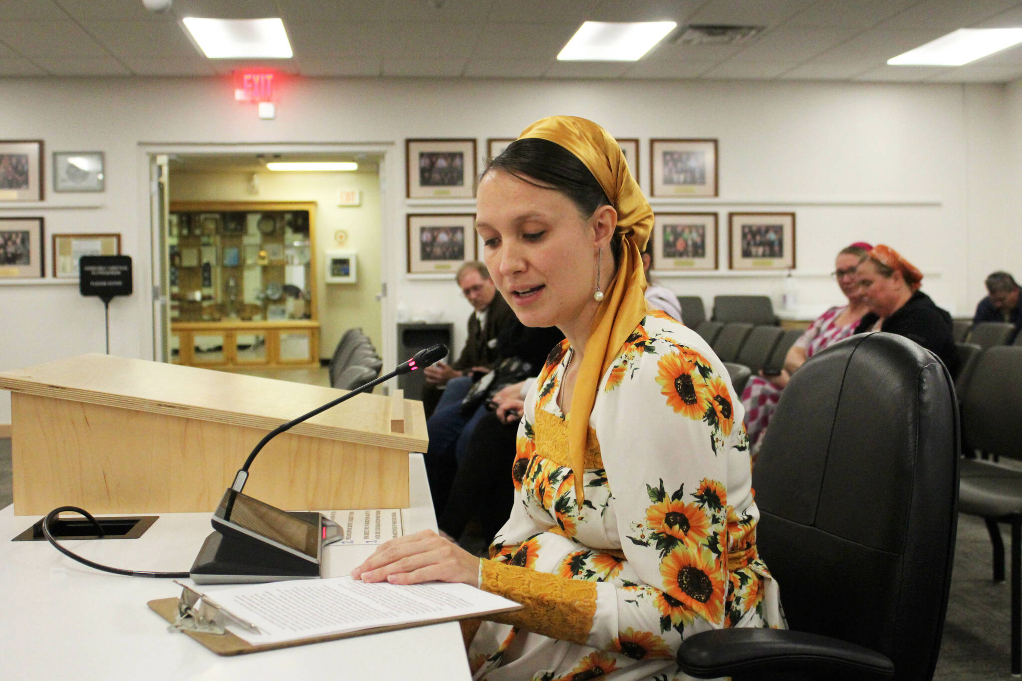 Efrosinia Yakunin, a Nikolaevsk parent, testifies in support of a charter school for the area during a board of education meeting on Monday, Oct. 3, 2022, in Soldotna, Alaska. (Ashlyn O’Hara/Peninsula Clarion)