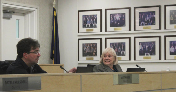 Dr. Beverley Romanin attends her first meeting as the representative for the Board of Education’s Sterling/Funny River district on Monday, Oct. 3, 2022, in Soldotna, Alaska. (Ashlyn O’Hara/Peninsula Clarion)