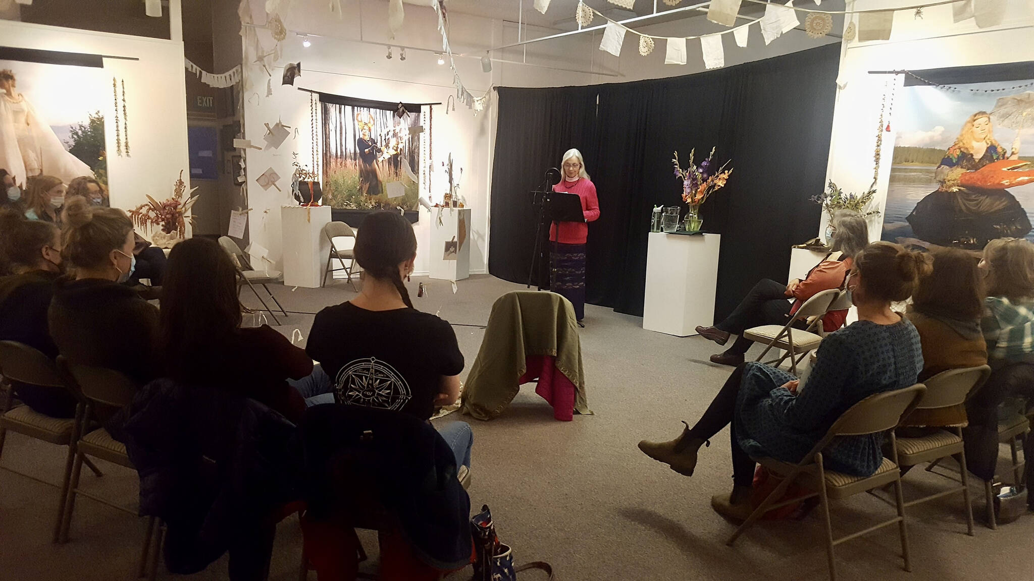 Homer writer Vivian Finlay (2020/21 non-fiction runner up) reads “Thank you, Naw Thamee,” on Oct. 21, 2021, at Homer Council on the Arts, 24th Kenai Peninsula Writer’s Contest. (Photo provided by HCOA)