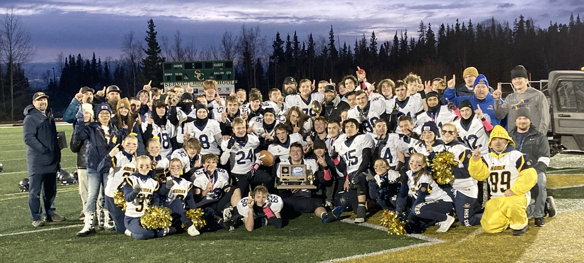 Homer celebrates winning the Division III state championship Saturday, Oct. 15, 2022, at Service High School in Anchorage, Alaska. (Photo by Jeff Helminiak/Peninsula Clarion)