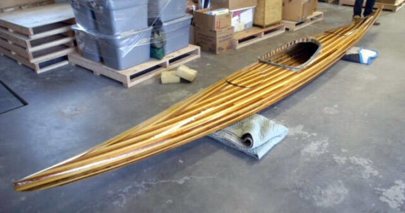 The cedar-built kayak Nate Grinnell built to follow the voyageur’s journey. (Photo by Julie Grinnell)