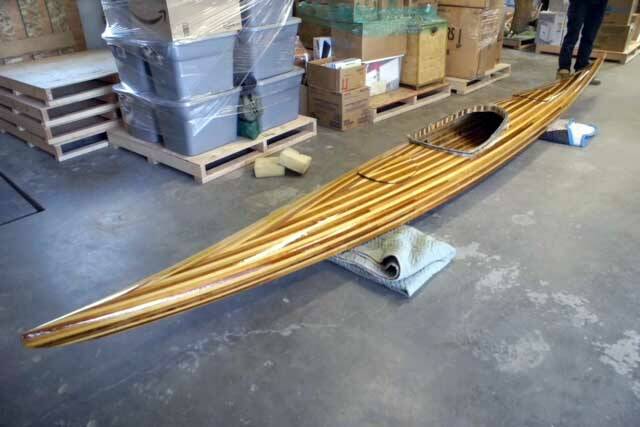 The cedar-built kayak Nate Grinnell built to follow the voyageur's journey. (Photo by Julie Grinnell)