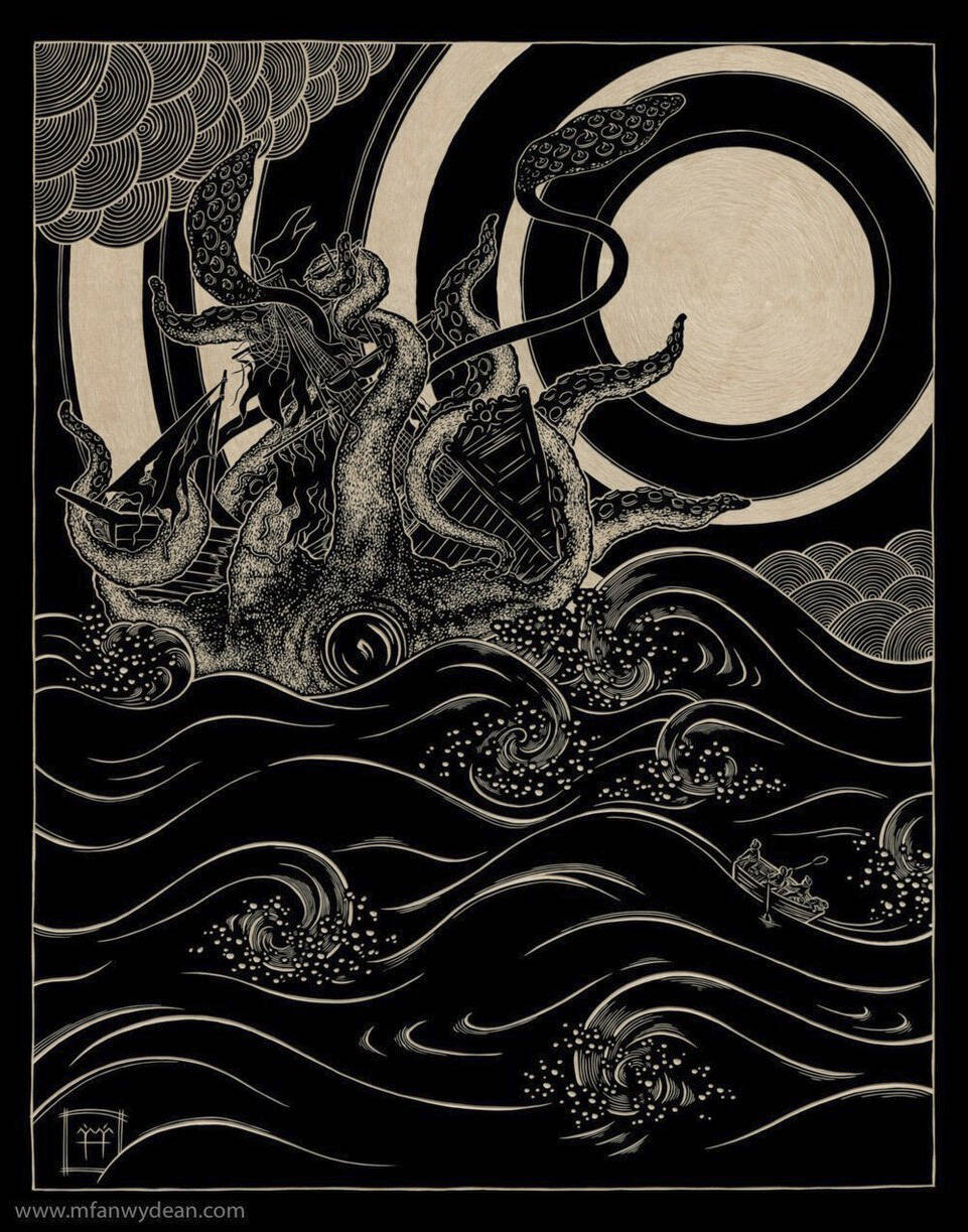 “What Lurks Beneath,” a print on maple by M’fanwy Dean, is on display at Creative Fire Studio. (Photo provided)