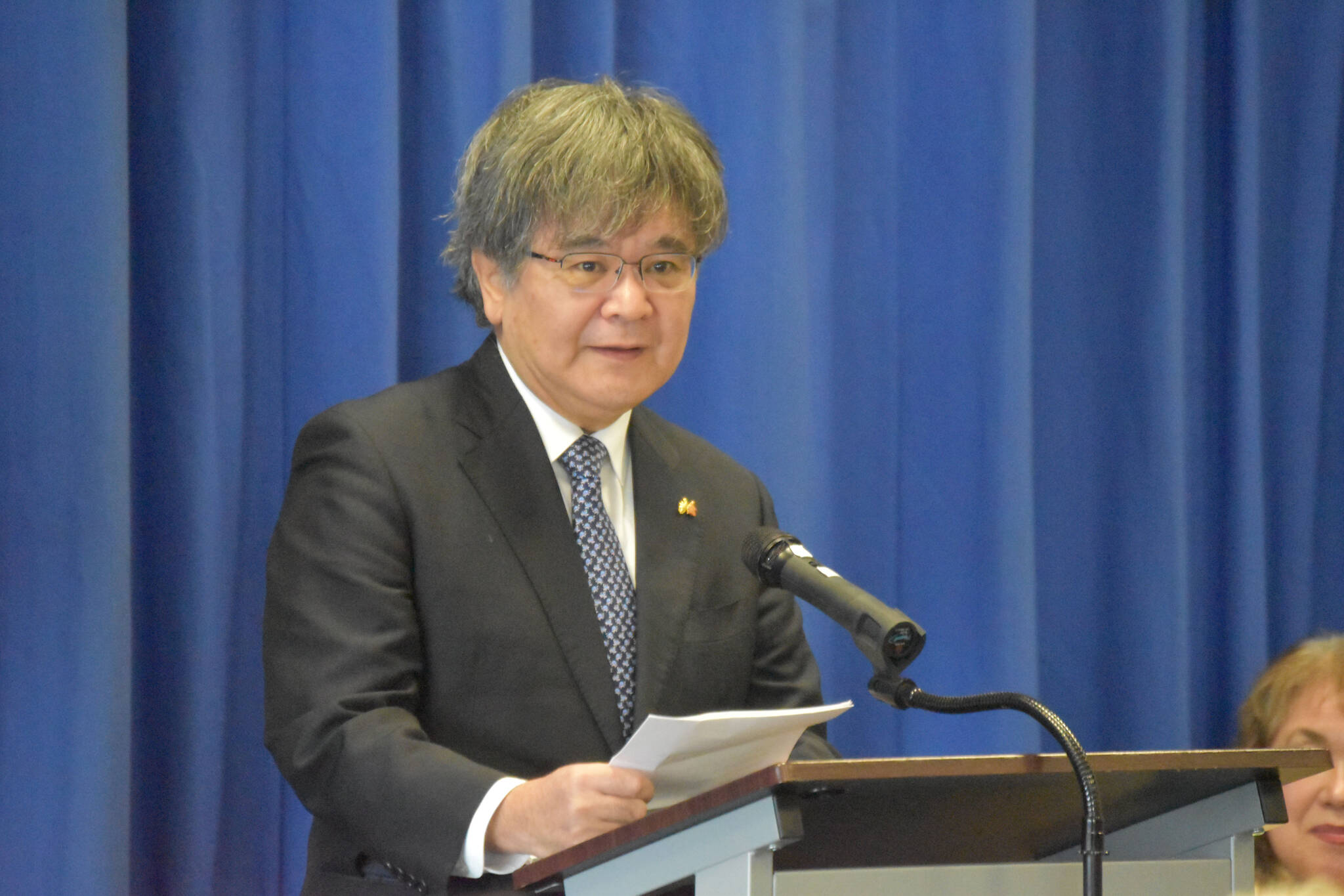 Consular Masaru Aniya speaks at a commendation ceremony where he bestowed Yasuko Lehtinen with the Foreign Minister Commendation on Friday, Oct. 28, 2022, at Kenai Peninsula College in Soldotna, Alaska. (Jake Dye/Peninsula Clarion)