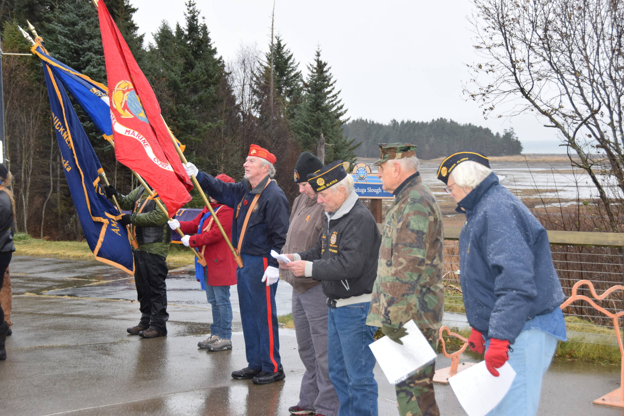 Homer veterans give speeches honoring the meaning of Veterans Day on Friday, Nov. 11 at Alaska Maritime National Wildlife Refuge Visitor Center in Homer. (Photo by Charlie Menke / Homer News)