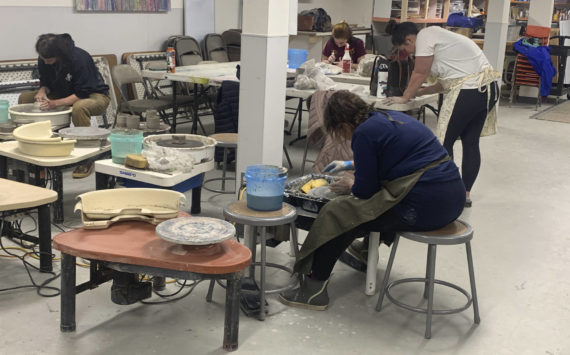 Community members throw and hand build pottery on Nov. 3, 2022, at the Homer Council on the Art's new ceramics studio in Homer, Alaska. (Photo provided)