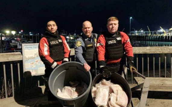 U.S. Coast Guard courtesy photo

Two crewmembers from Coast Guard Cutter Naushon and a member from the National Oceanic and Atmospheric Administration Office of Law Enforcement (NOAA OLE) pose for a picture with allegedly illegally-retained halibut in Homer, Alaska, Wednesday, Nov. 30, 2022. While conducting a boarding of a commercial fishing vessel, a Cutter Naushon boarding team member discovered a total of 117 pounds of illegally-retained halibut aboard the vessel and handed them over to NOAA OLE representatives in Homer.