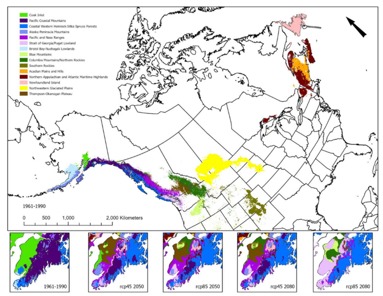 Ecoregions that are forecast to align with the future climate of the Kenai National Wildlife Refuge in 2050 and 2080 under high (rcp85) and low (rcp45) emission scenarios. The western Kenai continues to be associated with temperate rainforests to the south. The boreal lowlands can be associated with a variety of ecoregions across North America. Data reference: Stralberg, D. 2019. Velocity-based macrorefugia for North American ecoregions. Zenodo. http://doi.org/10.5281/zenodo.2579337.