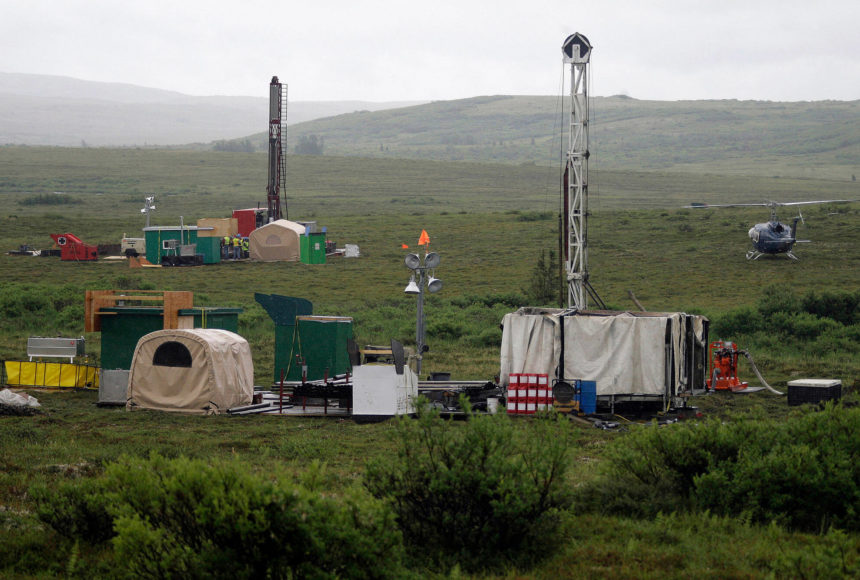 <p>In this July 13, 2007, photo, workers with the Pebble Mine project test drill in the Bristol Bay region of Alaska, near the village of Iliamma. (AP Photo / Al Grillo)</p>