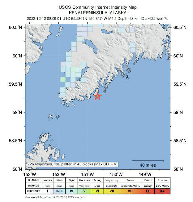 This map shows the location of a magnitude 4.5 earthquake that hit about 100 miles southeast of Homer, Alaska, near Nuka Island in the Gulf of Alaska. The map also shows the intensity of the quake as reported by observers. (Map by U.S. Geological Survey)
