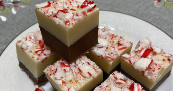 This Double Chocolate Peppermint Fudge combines chocolate chips, sweetened condensed milk and a few mix-ins for a simple, quick holiday treat. (Photo by Tressa Dale/Peninsula Clarion)