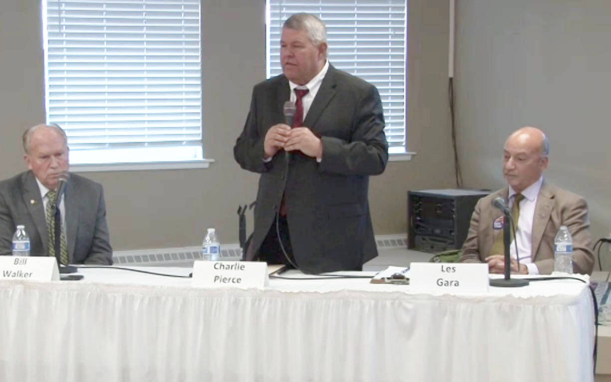 From left: Alaska gubernatorial candidates Bill Walker, Charlie Pierce and Les Gara participate in a candidate forum hosted by the Homer Chamber of Commerce at Land’s End Resort on Thursday, Oct. 6. (Screenshot)
