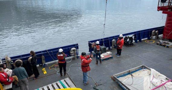 Photo by Emilie Springer/Homer News 
R/V Sikuliaq research crew in the Gulf of Alaska in July 2022.
