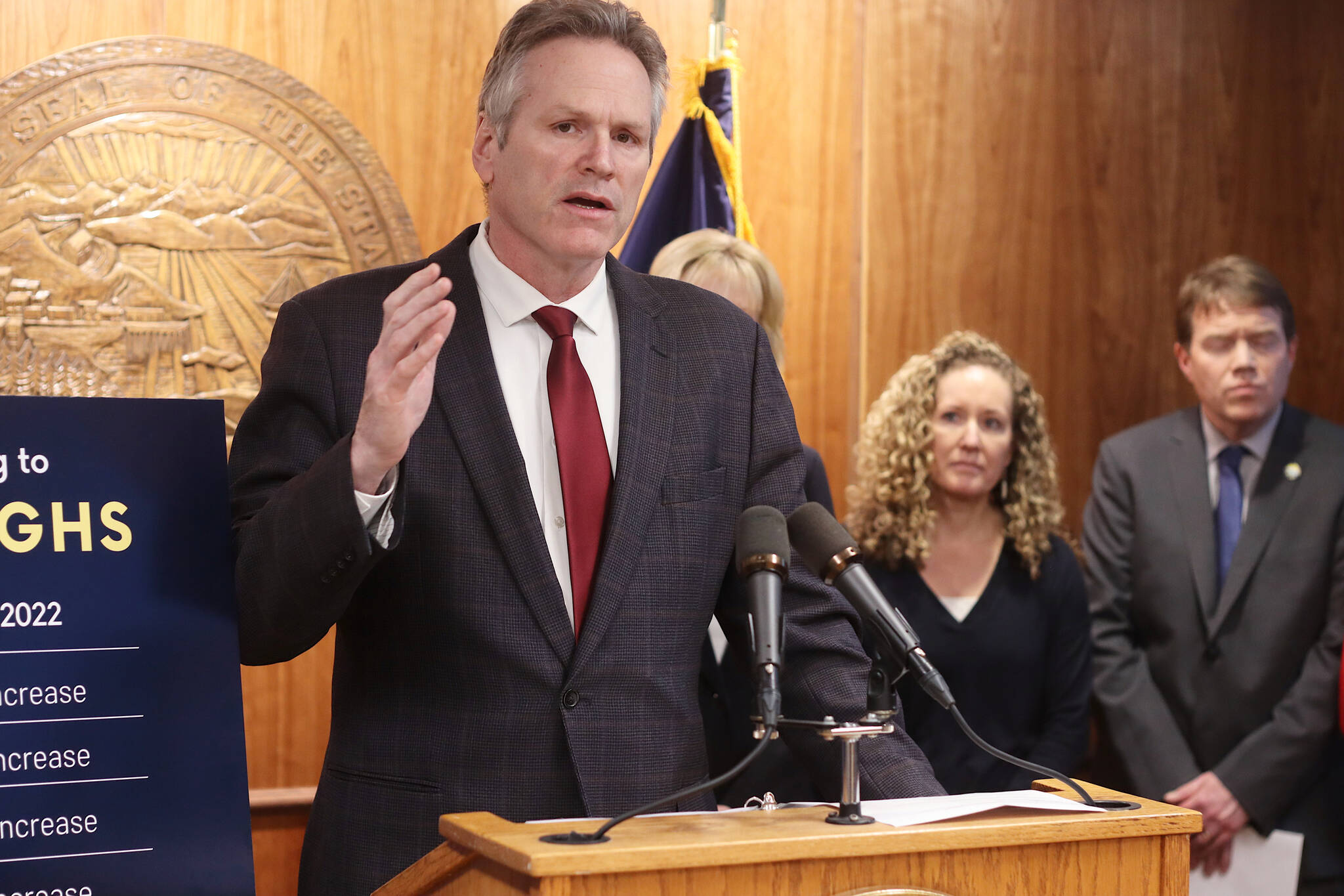 Gov. Mike Dunleavy discusses his proposed budget for the 2024 fiscal year during a press conference at the Alaska State Capitol. (Mark Sabbatini / Juneau Empire File)