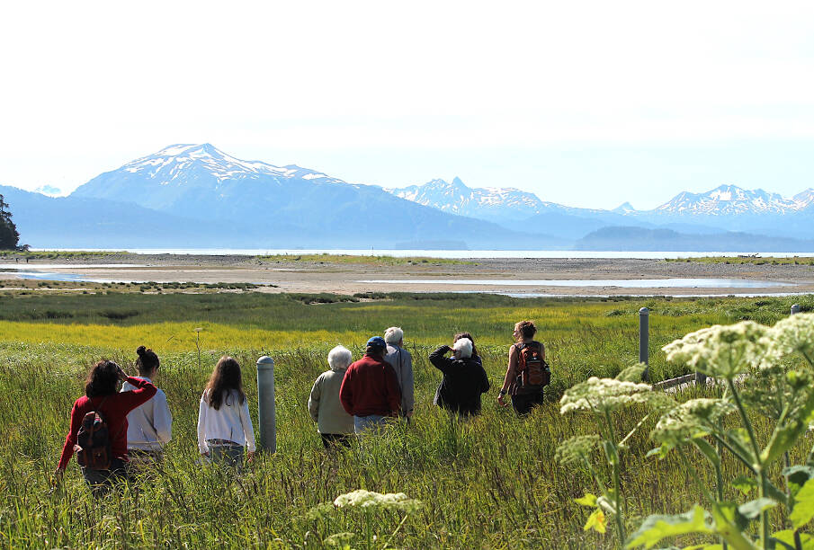 Summer 2022 interns and volunteers learn about Beluga Slough at low tide. (Photo by Jessica Shepherd)