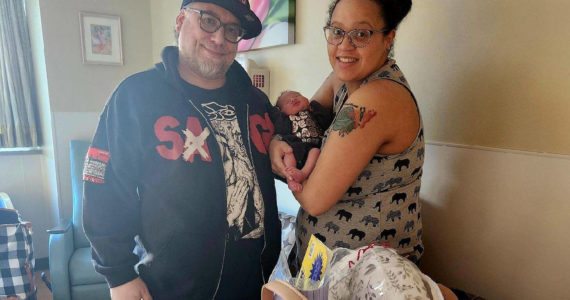 Michaya Boone, Homer’s first baby of the year, with her parents, Fractal Mic and Tenaya Boone, at South Peninsula Hospital, Jan. 4, 2023, in Homer, Alaska. (Photo courtesy South Peninsula Hospital)