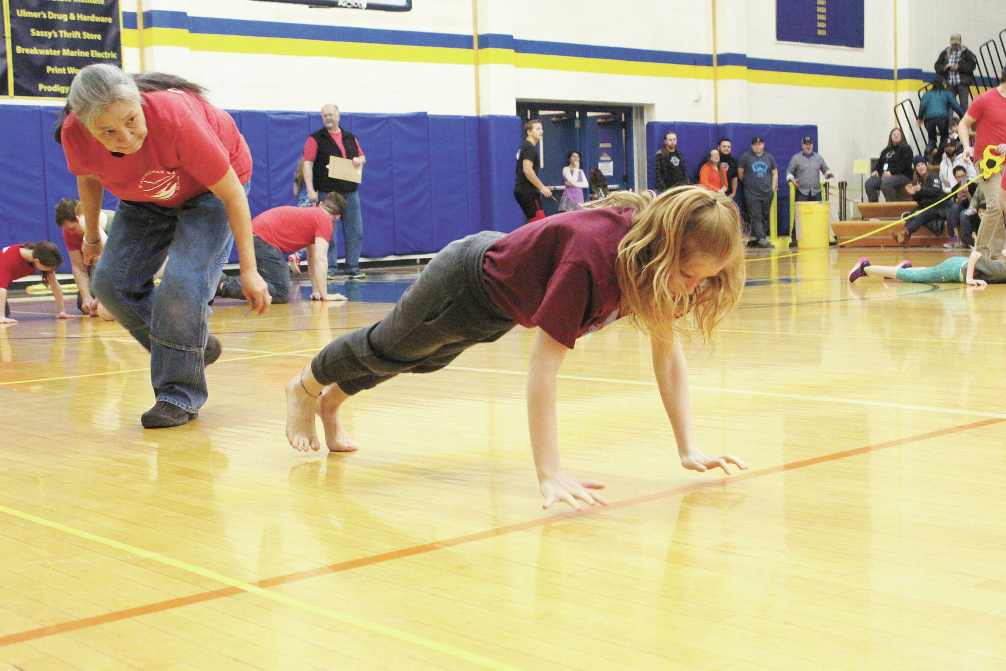 Megan Pacer / Homer News file
Grace Fleming of Seward competes in the seal hop March 7, 2020, during the Kachemak Bay Traditional Games, a Native Youth Olympics invitational, at Homer High School.