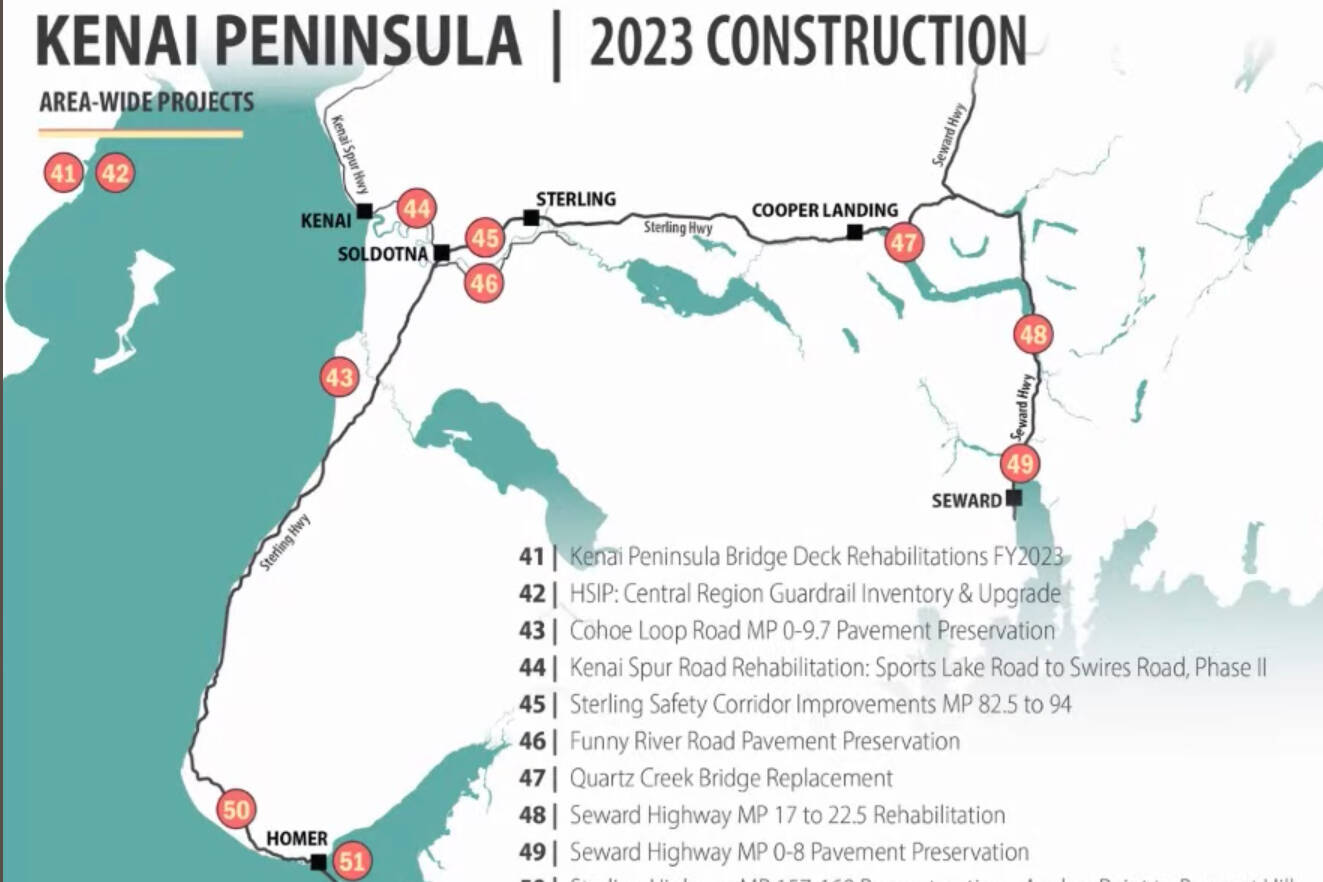 Screenshot 
A map of 2023 construction projects on the Kenai Peninsula shared during the Kenai Peninsula Economic Development District’s Industry Outlook Forum on Thursday, Jan. 5, 2023, at the Christian Community Church in Homer, Alaska.