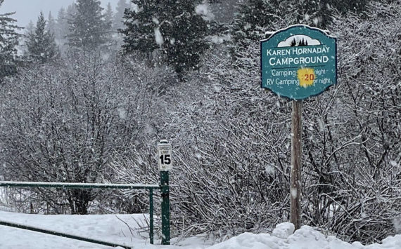 Entrance to Karen Hornaday Campground, photographed on Tuesday, Jan. 17, 2023, in Homer, Alaska. (Emilie Springer/Homer News)