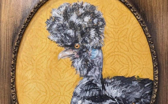“Pearl,” an acrylic and coffee painting in a refurbished frame by Julianne Tomich, is one of the “Pandemic Chickens” on exhibit at Grace Ridge Brewing through January. (Photo by Christina Whiting/Homer News)