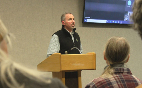 Alaska Division of Parks and Outdoor Recreation Kenai/Prince William Sound Superintendent Jack Blackwell fields questions about the Kasilof River Drift Boat Retrieval project at the Gilman River Center on Tuesday, Jan. 10, 2023 near Soldotna, Alaska. (Ashlyn O’Hara/Peninsula Clarion)