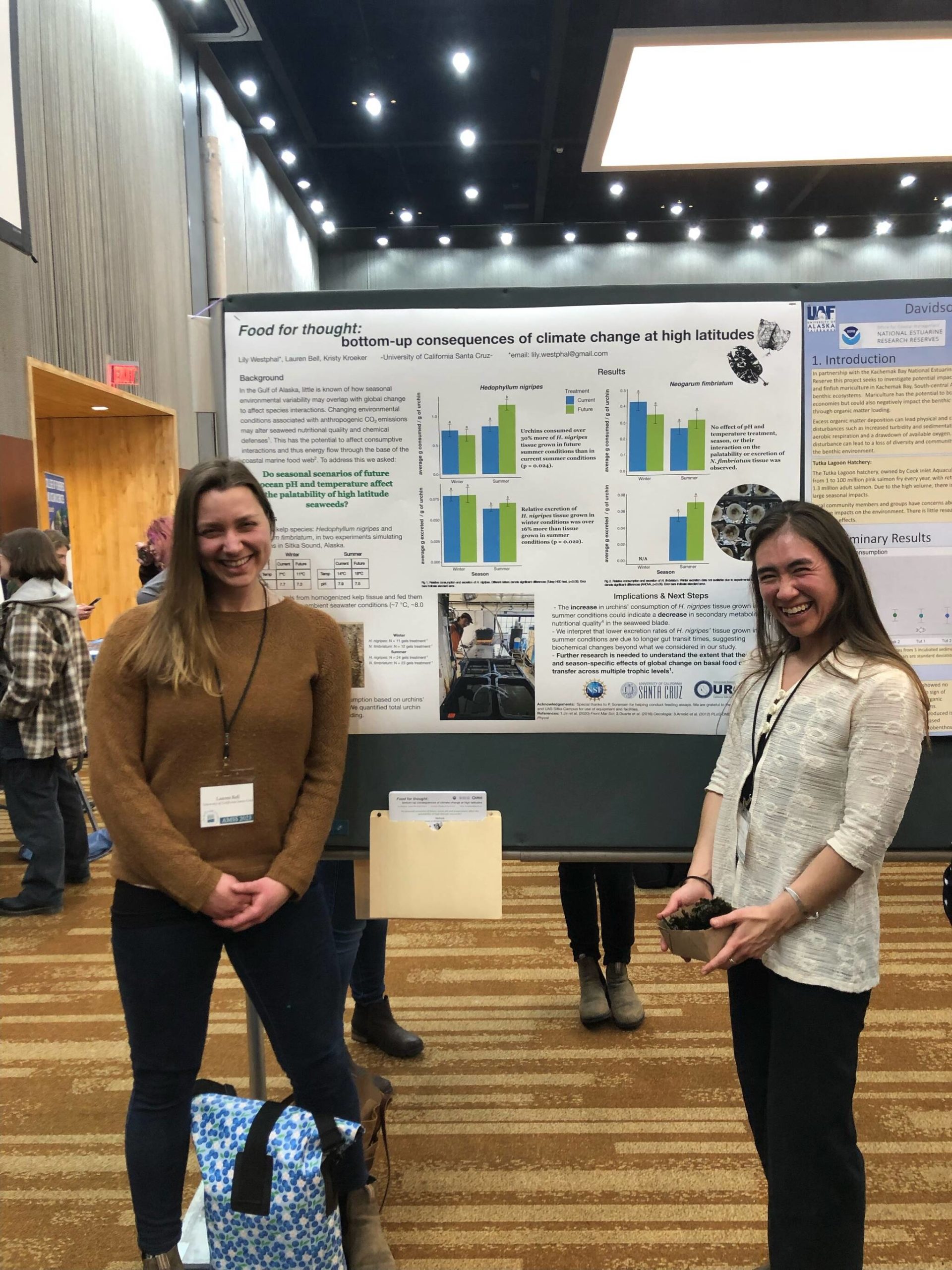 Lauren Bell and Lily Westphal at the AMCC poster session on Monday Jan. 23 at the Denai'na Center in Anchorage, Alaska. Photo contributed by Lily Westphal.