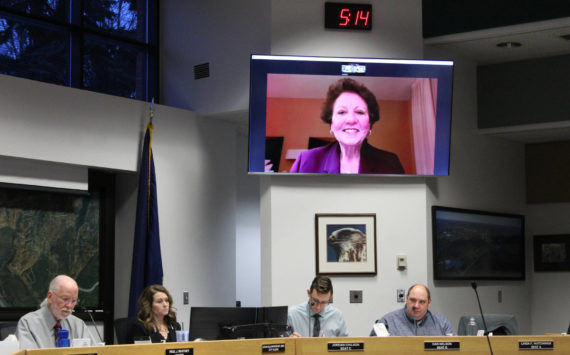 Soldotna City Council members interview city manager applicant Elke Doom (on screen) during a special city council meeting on Monday, Jan. 30, 2023. (Ashlyn O’Hara/Peninsula Clarion)