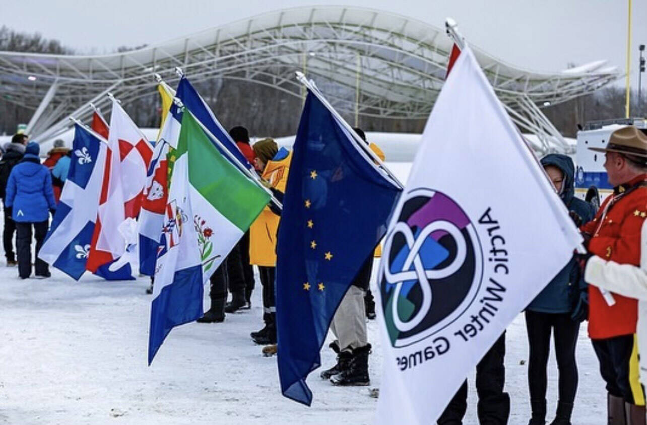 Flags of the participating teams of the 2023 Arctic Winter Games are waved. (Photo provided by Matfey Reutov)