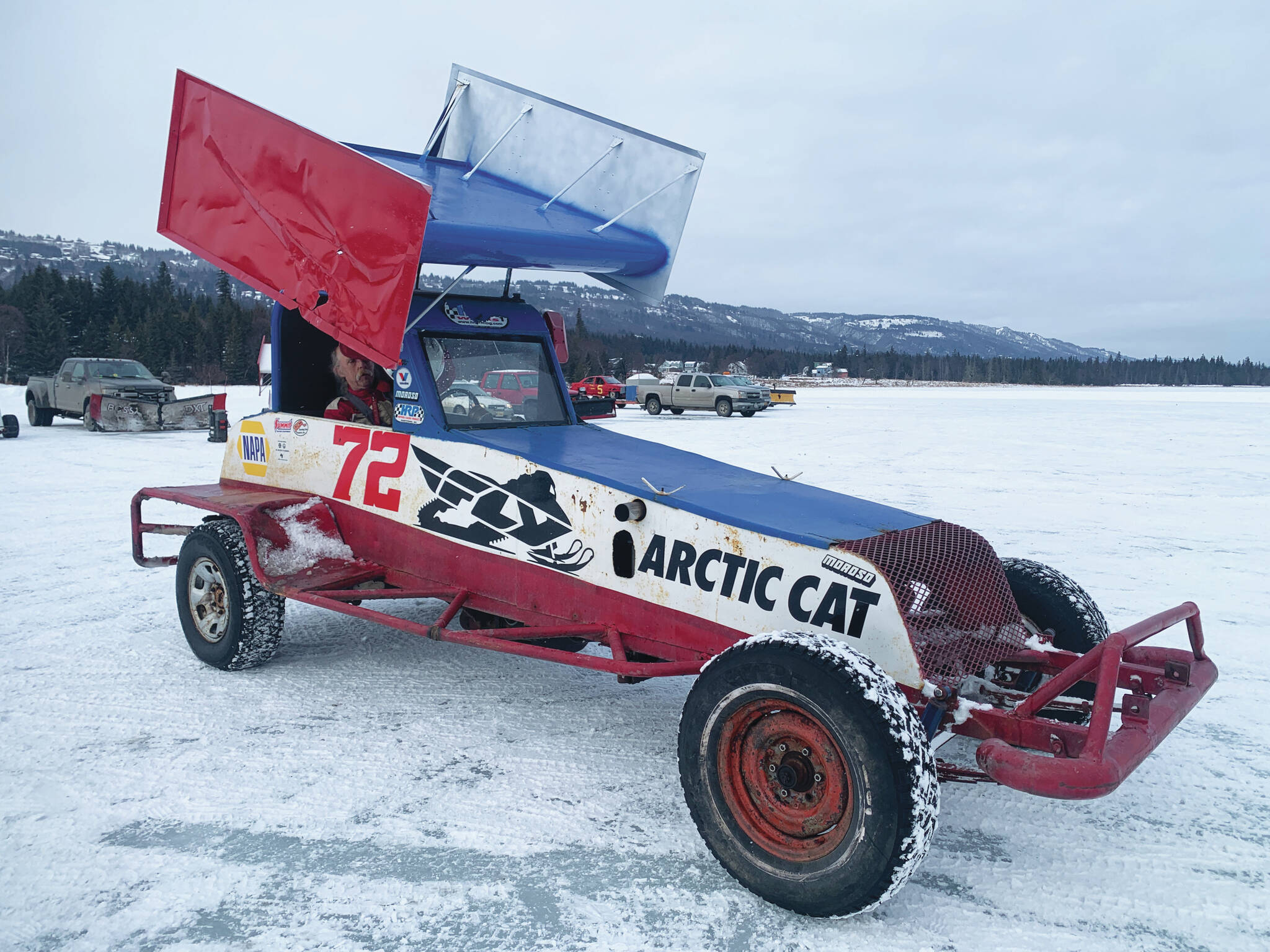 Mike Bailey prepares to race in his Gregoire Construction sponsored car as part of the Homer Racing Association and the Homer Winter Carnival Beluga Lake ice races Feb. 11. (Photo by Christina Whiting/Homer News)