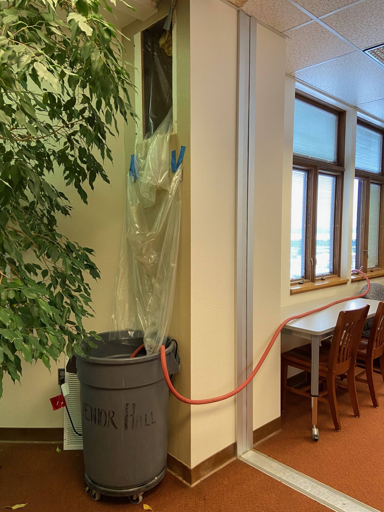 A trash can holds a sump pump that pumps water out of the window in the Homer High School library on Monday, Jan. 23, 2023 in Homer, Alaska. Photo courtesy of Deb Curtis
