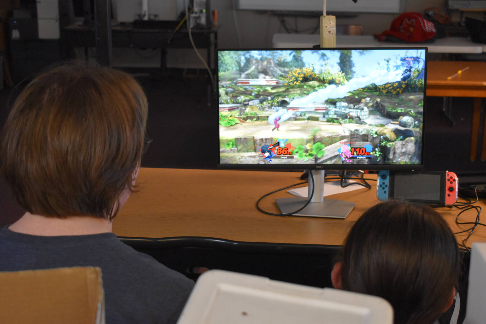 Kenai Central High School esports players participate in a practice match of Super Smash Bros. Ultimate ahead of a scheduled game at Kenai Central High School in Kenai, Alaska, on Wednesday, Feb. 15, 2023. (Jake Dye/Peninsula Clarion)
