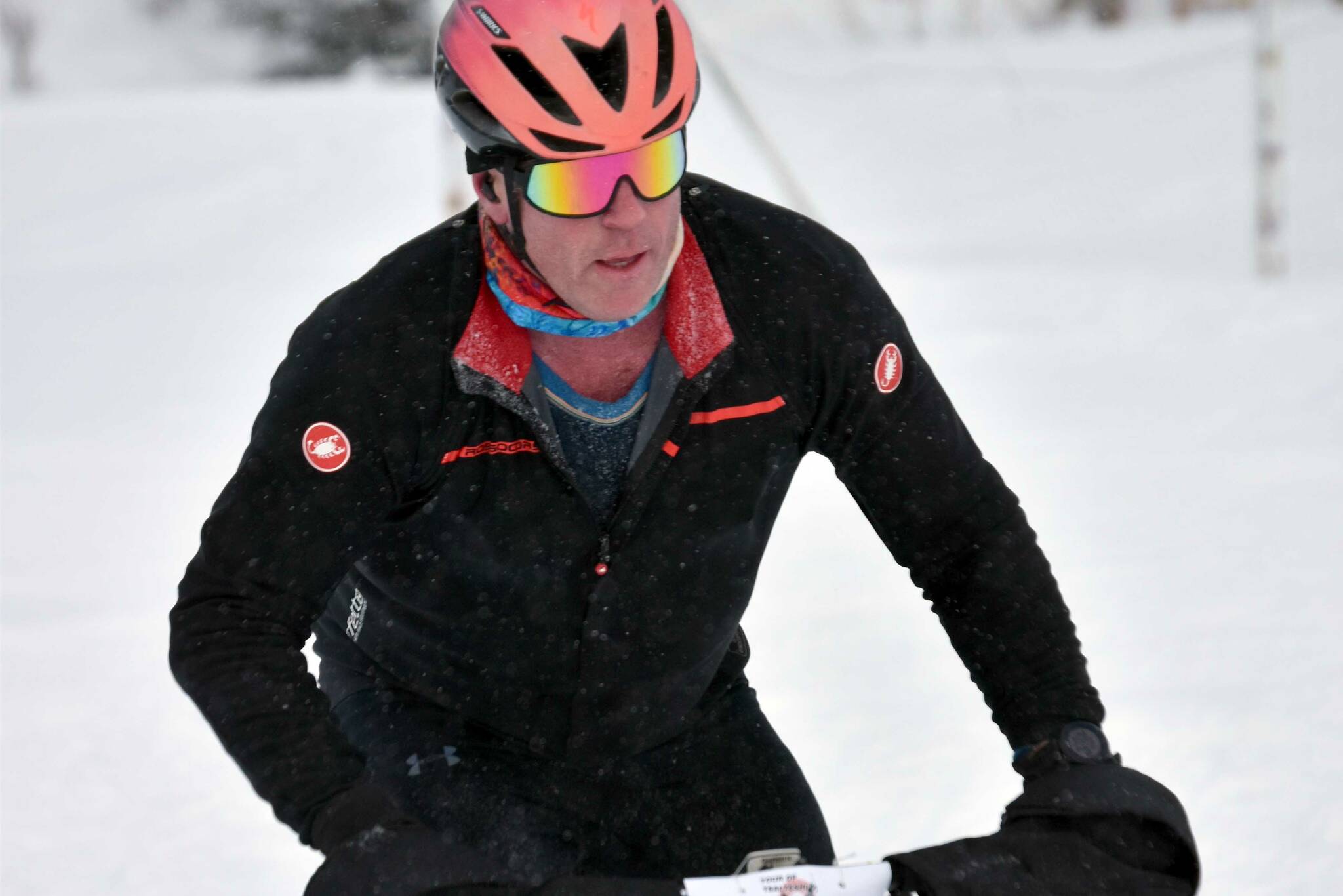 Eric Thomason finishes first in the men's 20-kilometer fat bike at the 6th Annual Tour of Tsalteshi on Sunday, Feb. 19, 2023, at Tsalteshi Trails just outside of Soldotna, Alaska. (Photo by Jeff Helminiak/Peninsula Clarion)