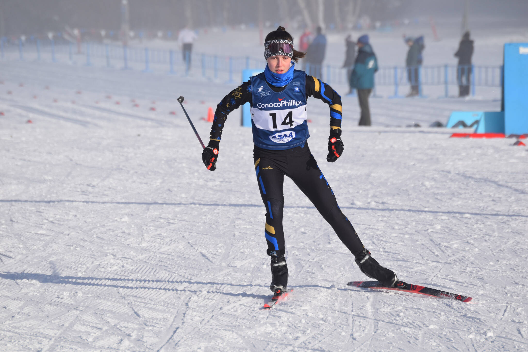 Photos by Jake Dye/Peninsula Clarion
Eryn Field, of Homer, sets out on the last leg of the girls 4x3.5-kilometer relay at the ASAA State Nordic Ski Championships at Kincaid Park in Anchorage, Alaska, on Saturday, Feb. 25, 2023.
