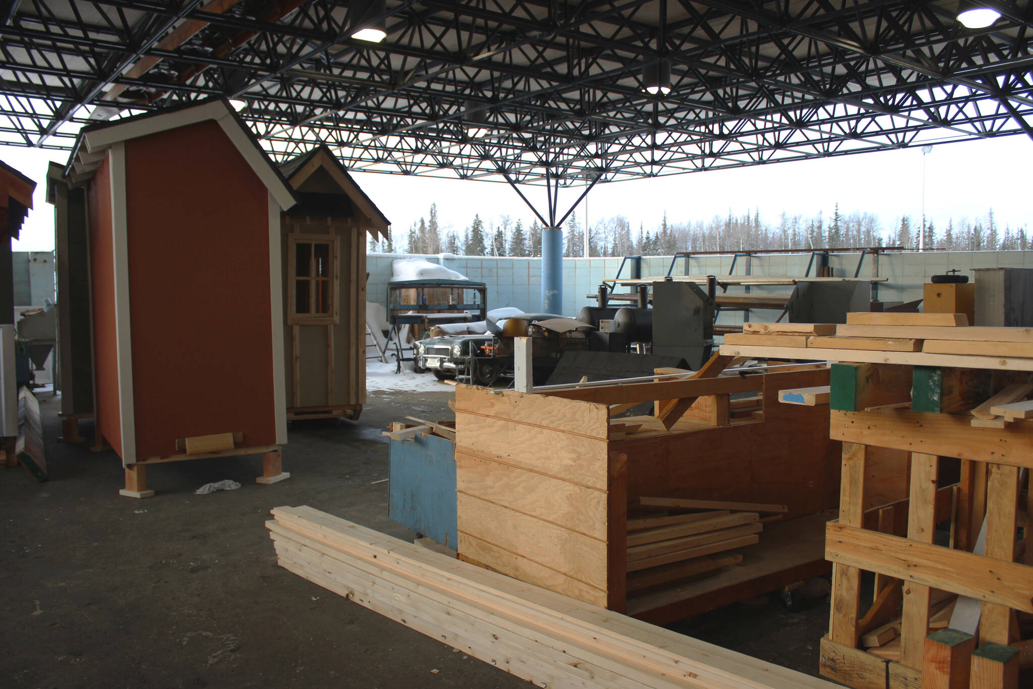 Construction materials and projects sit outside of a Soldotna High School classroom on Wednesday, Feb. 22, 2023 in Soldotna, Alaska. (Ashlyn O’Hara/Peninsula Clarion)