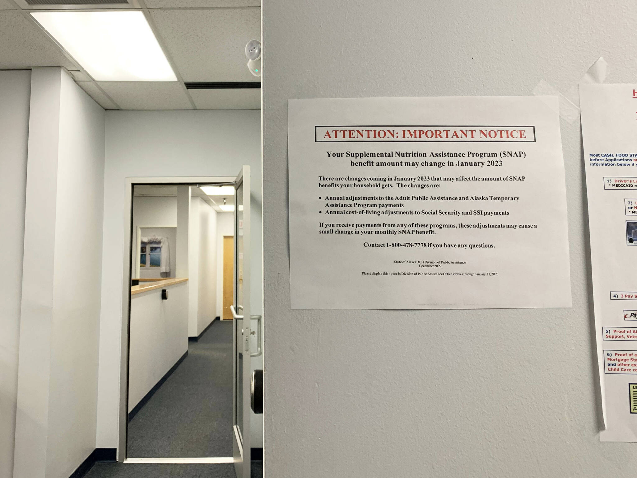 Information about SNAP benefit amounts is posted on a wall at the Alaska Division of Public Assistance’s Kenai office on Wednesday, March 1, 2023, in Kenai, Alaska. (Ashlyn O’Hara/Peninsula Clarion)