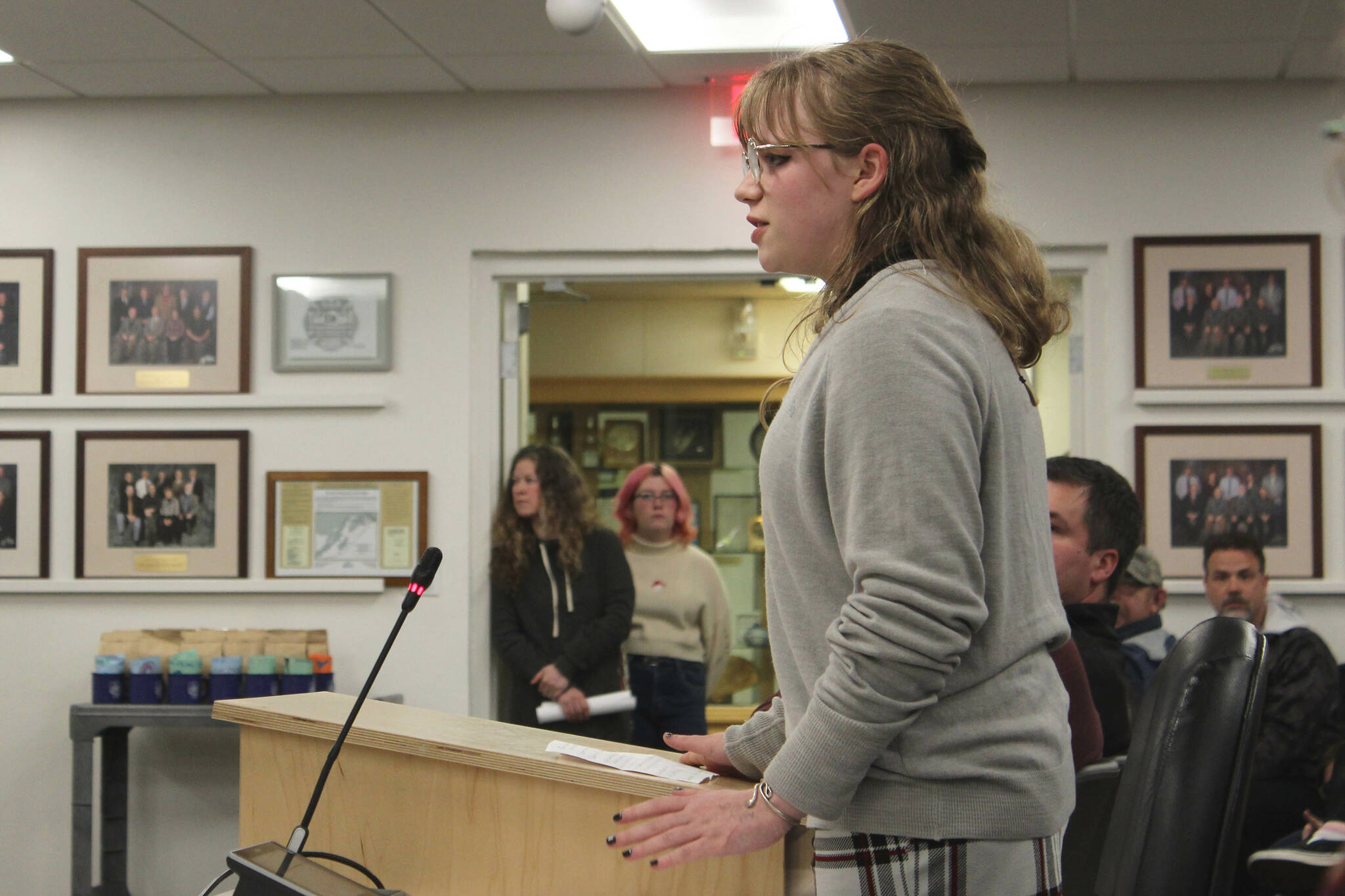 Soldotna High School junior Jaylee Webster testifies in opposition to the proposed cut of Kenai Peninsula Borough School District theater technicians during a board of education meeting on Monday, March 6, 2023, in Soldotna, Alaska. (Ashlyn O’Hara/Peninsula Clarion)