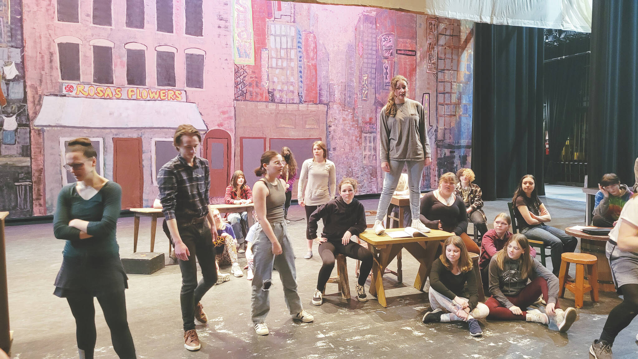 Homer choir students rehearse “Newsies” on March 9 in the Homer Mariner Theater. (Photo provided by Blaise Banks)