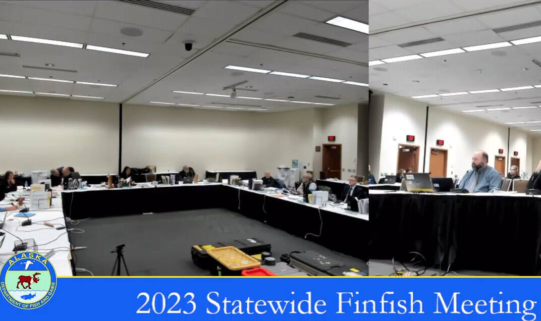 The Alaska Board of Fisheries discusses three emergency petitions directed at Cook Inlet East Side Set Net closures during the 2023 Statewide Finfish Meeting on Monday, March 13, 2023, at the Egan Civic & Convention Center in Anchorage Alaska. (Screenshot)